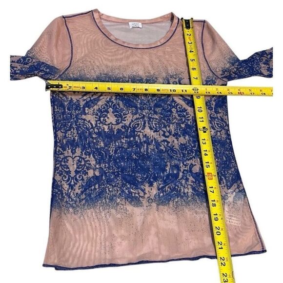 ARITZIA WILFRED Nude Beige Blue Sheer Printed Mesh Long Sleeve Top Medium - Picture 8 of 8